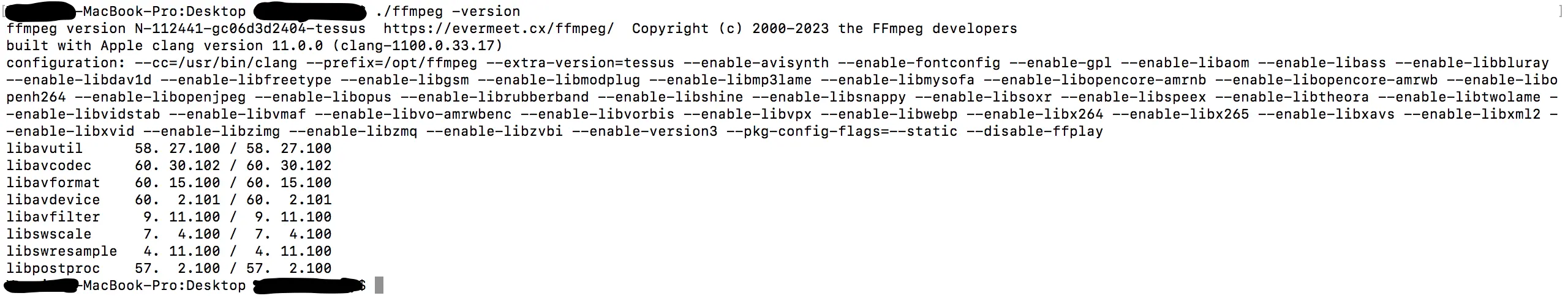 Image showing the terminal ffmpeg -version result in MacOs