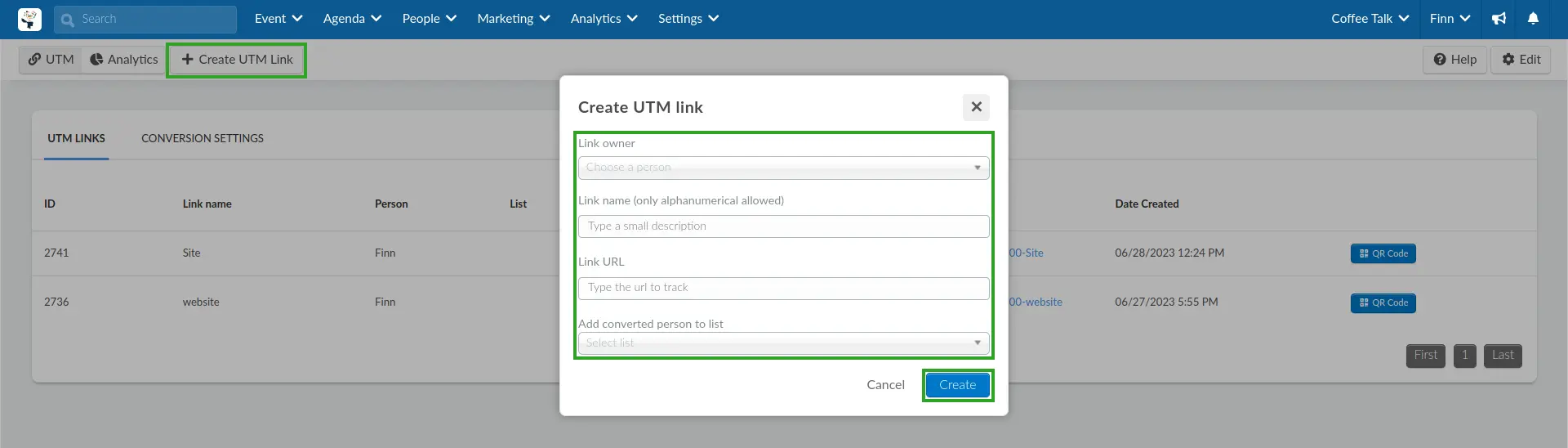 Screenshot showing how to create a UTM link.