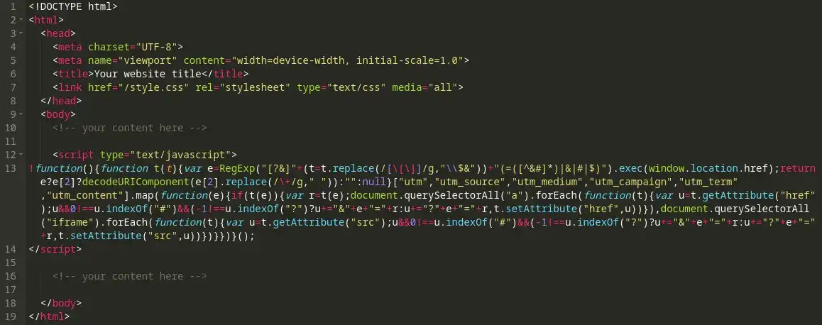 Capture d'écran montrant un exemple de document HTML avec l'extrait de code de suivi UTM.