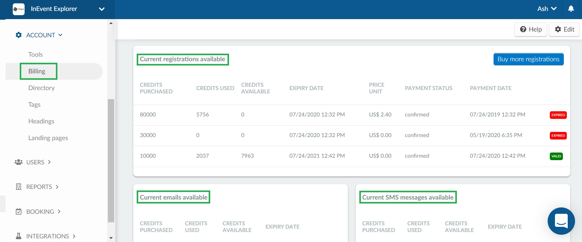 Screenshot of Billing's page