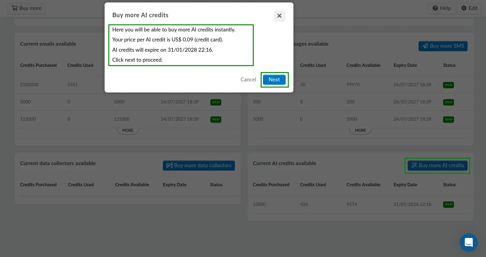 Screenshot showing the Buy more AI credits procedure