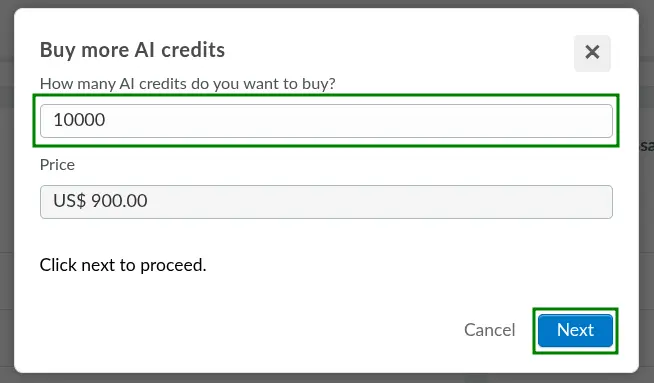 Screenshot showing the number of AI credits