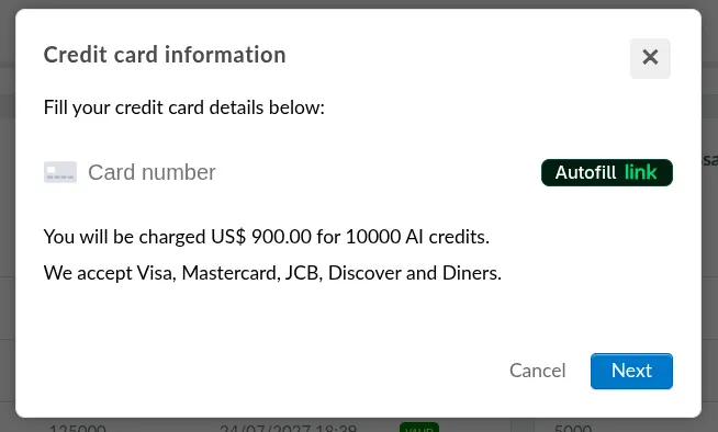Screenshot showing payment card details
