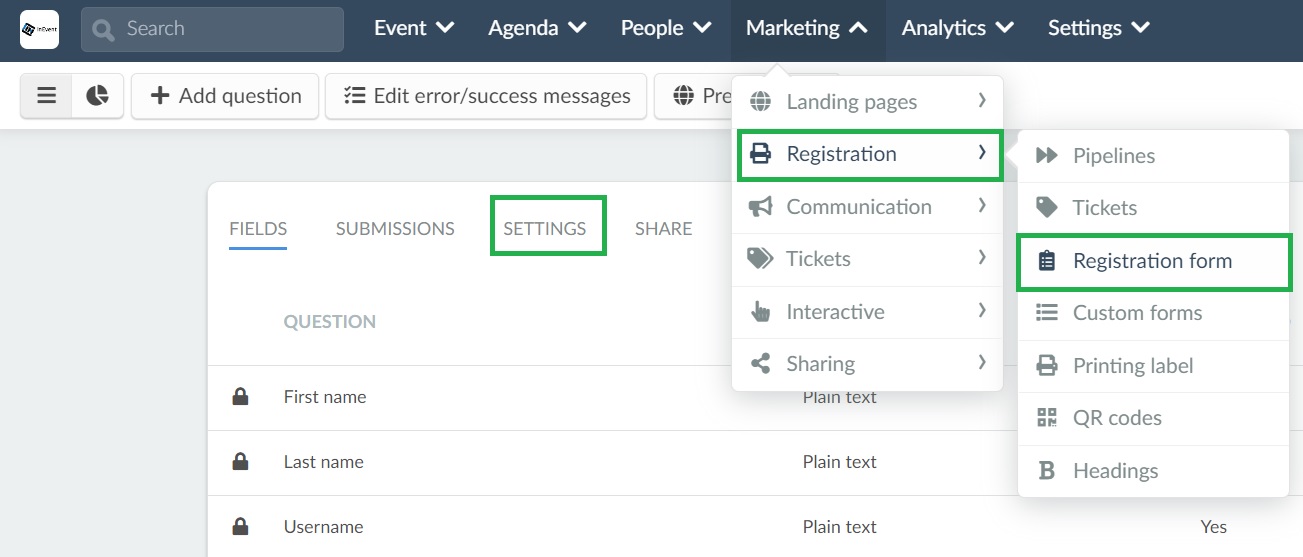 Screenshot of how to access the reg form settings