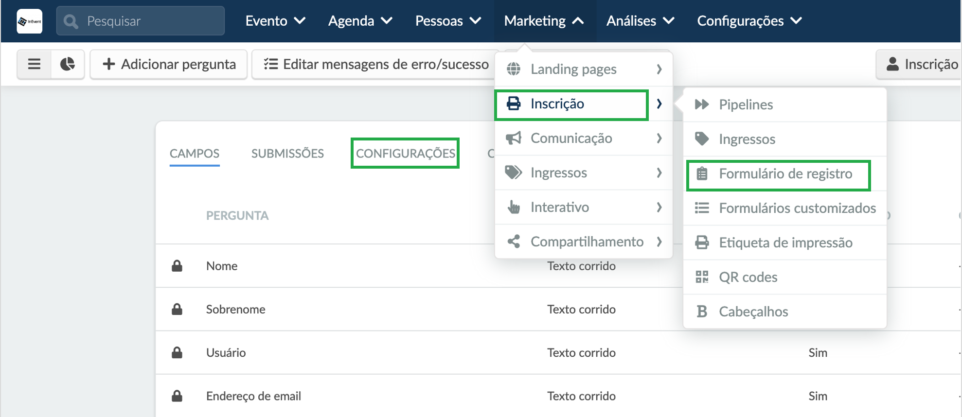 Captura de tela de como acessar as configurações do formulário de registro