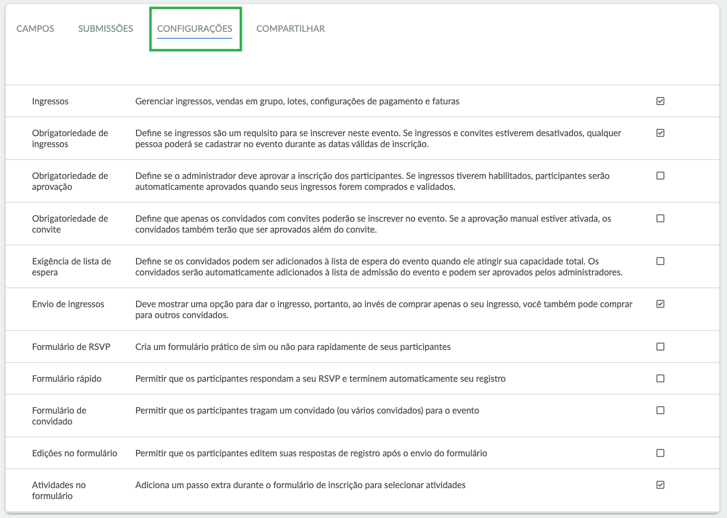 Configurações do Formulário de registro