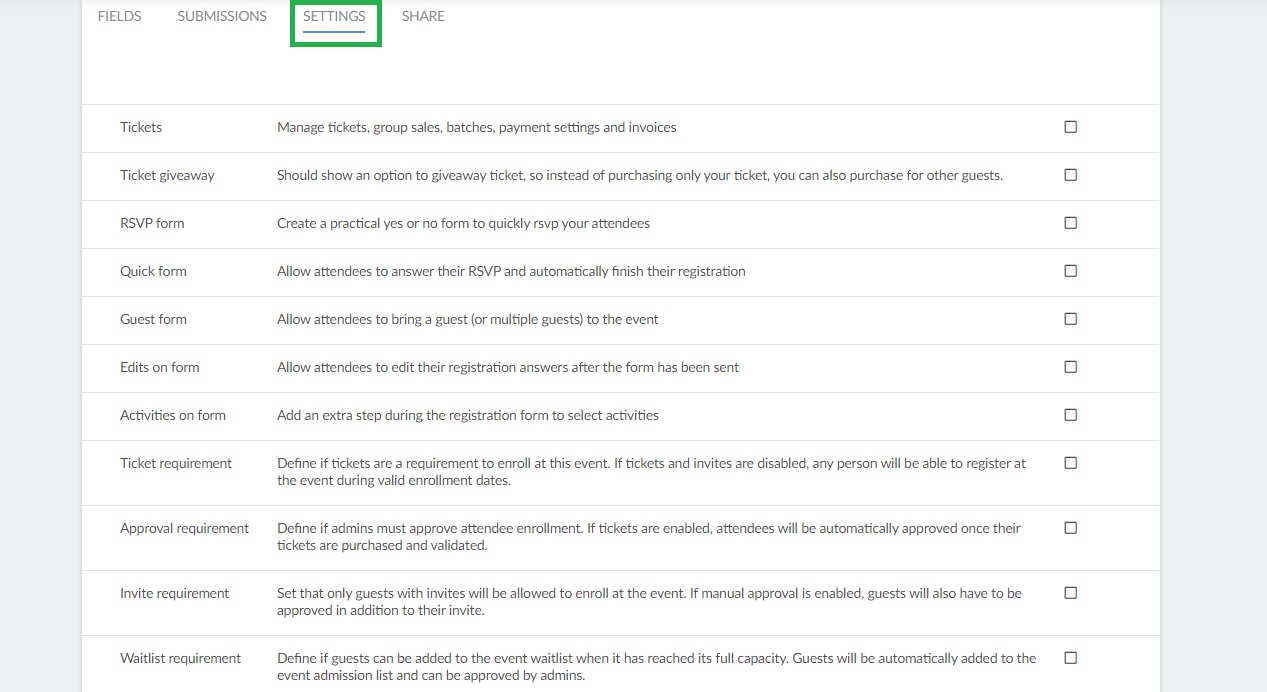 Registration form settings