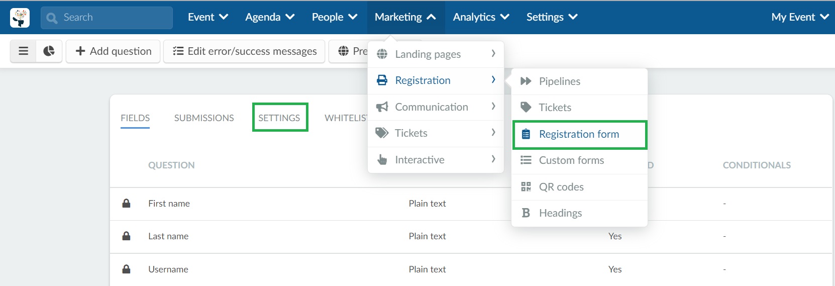Registration form settings