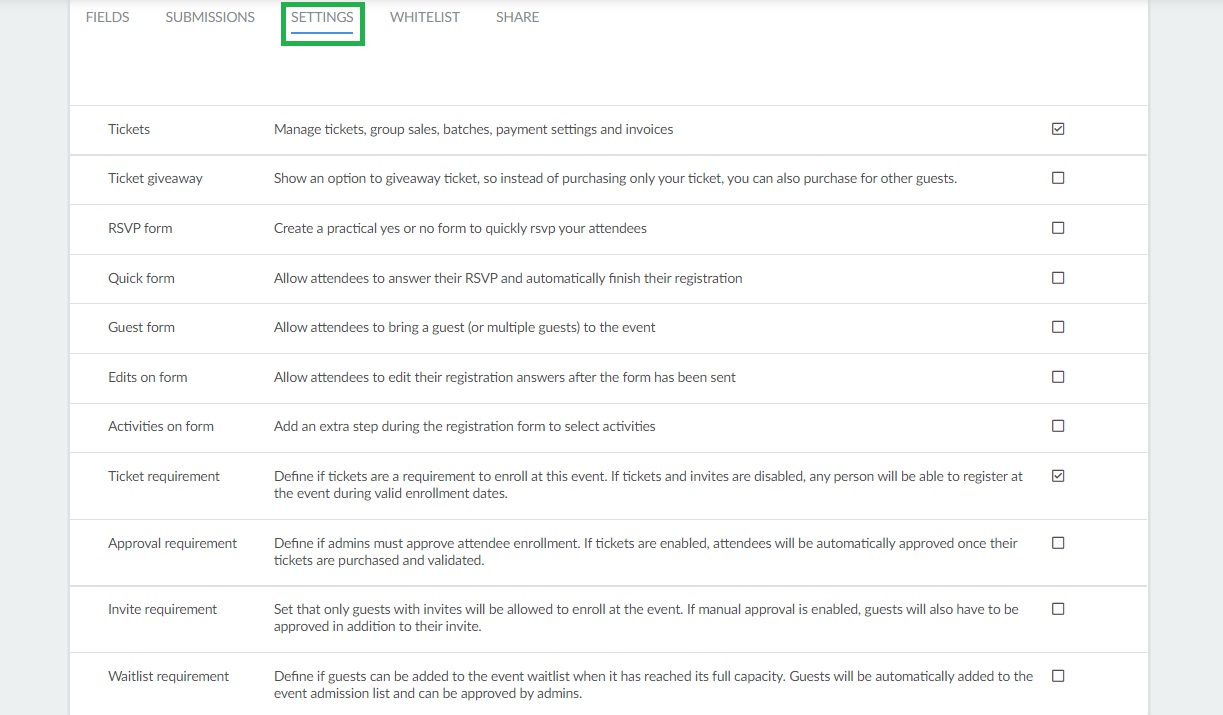 Registration form settings options