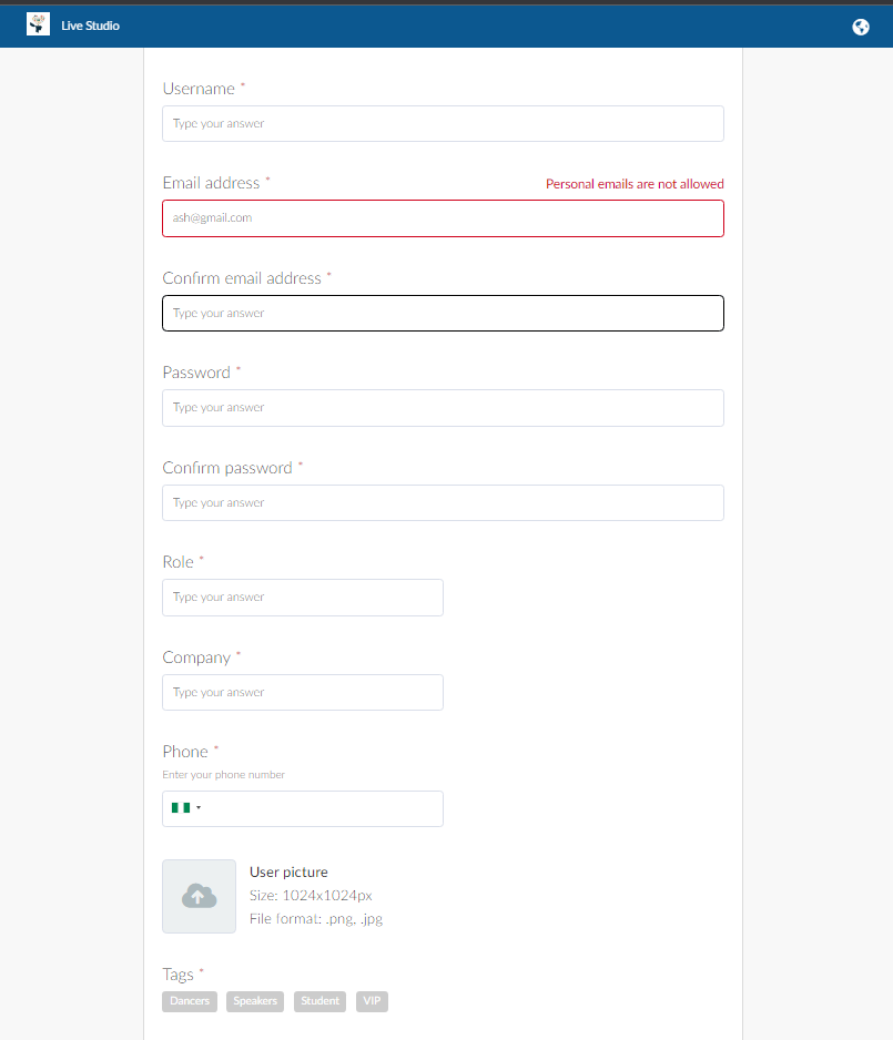 Registration form fields affected by the Static field settings