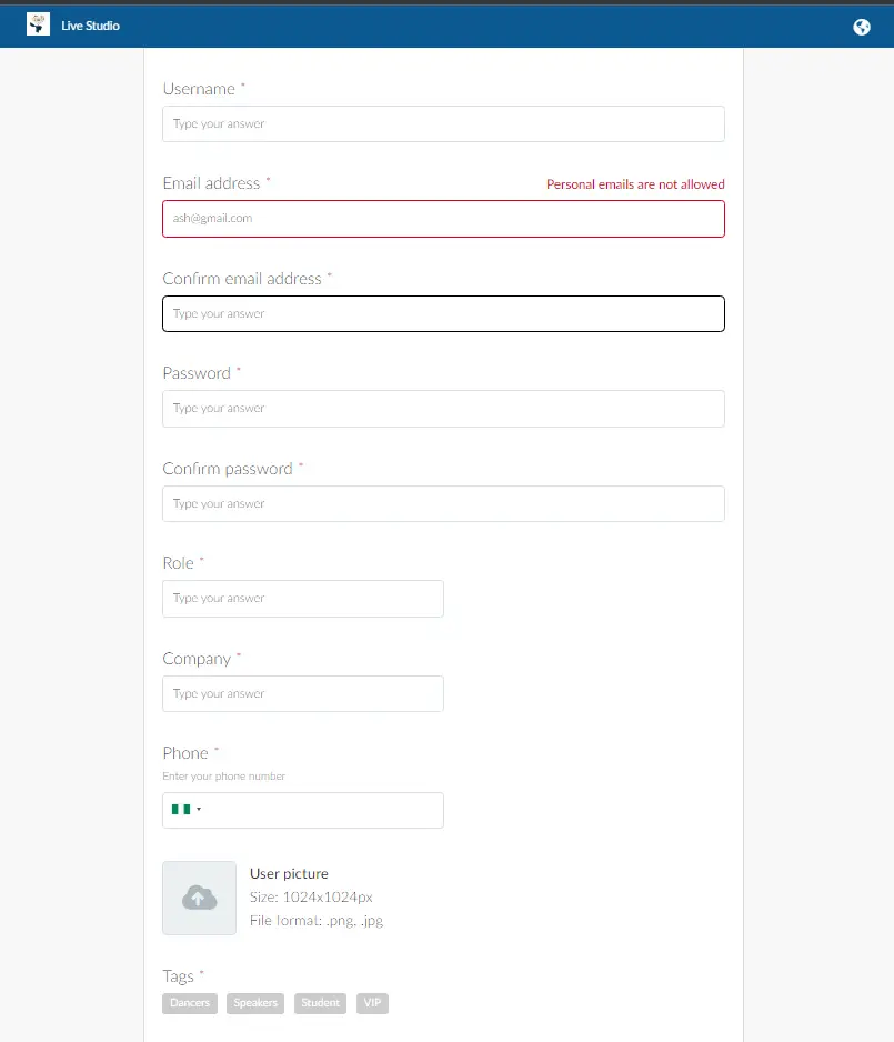 The registration form fields