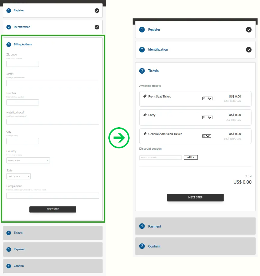 Screenshot showing the Purchase form with the Hide billing section disabeld (left) and enabled (right).