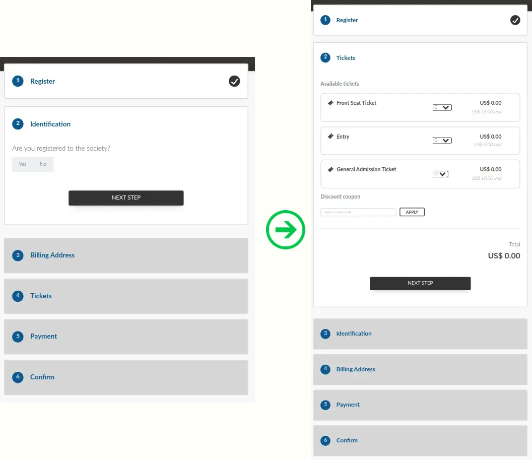 Screenshot showing the Purchase form with the Display ticket before identification disabled (left) and enabled (right).