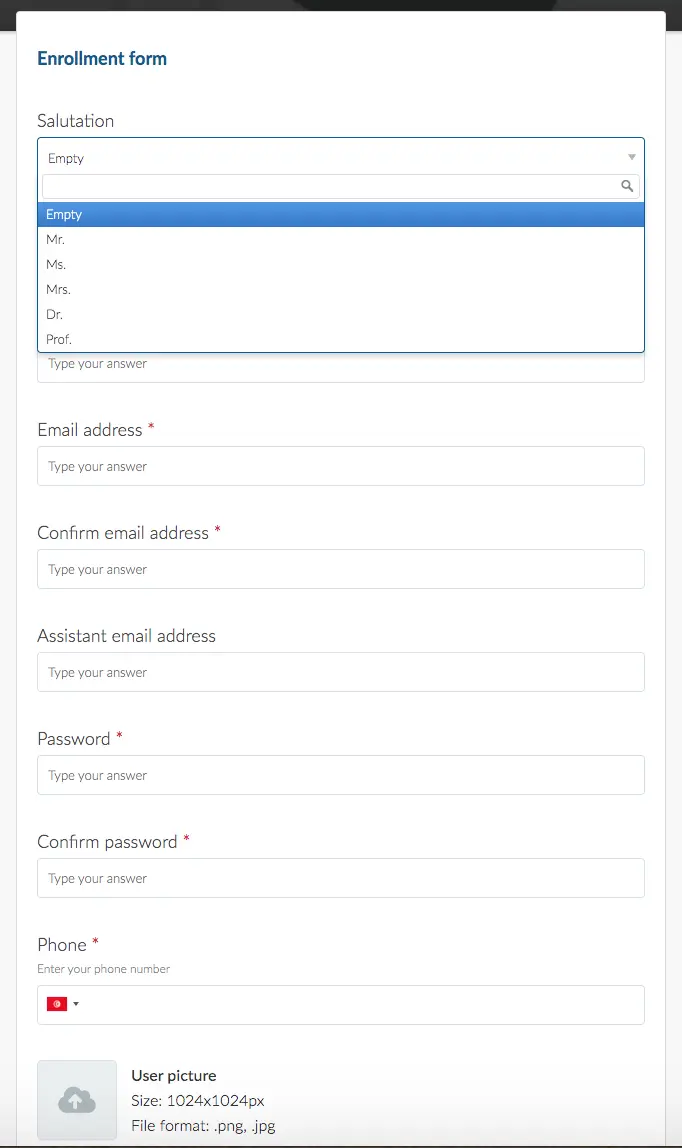 The registration form default fields
