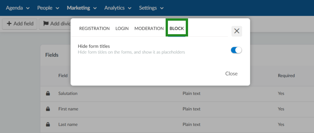 Image showing registration form settings block section.