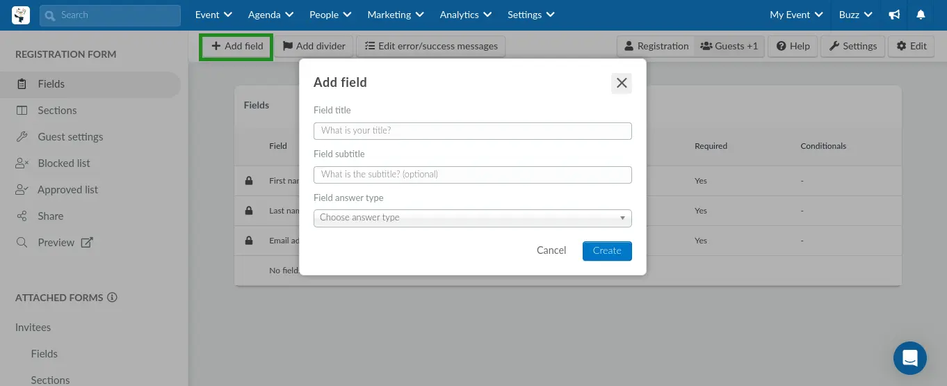 Screenshot showing the Add field tab