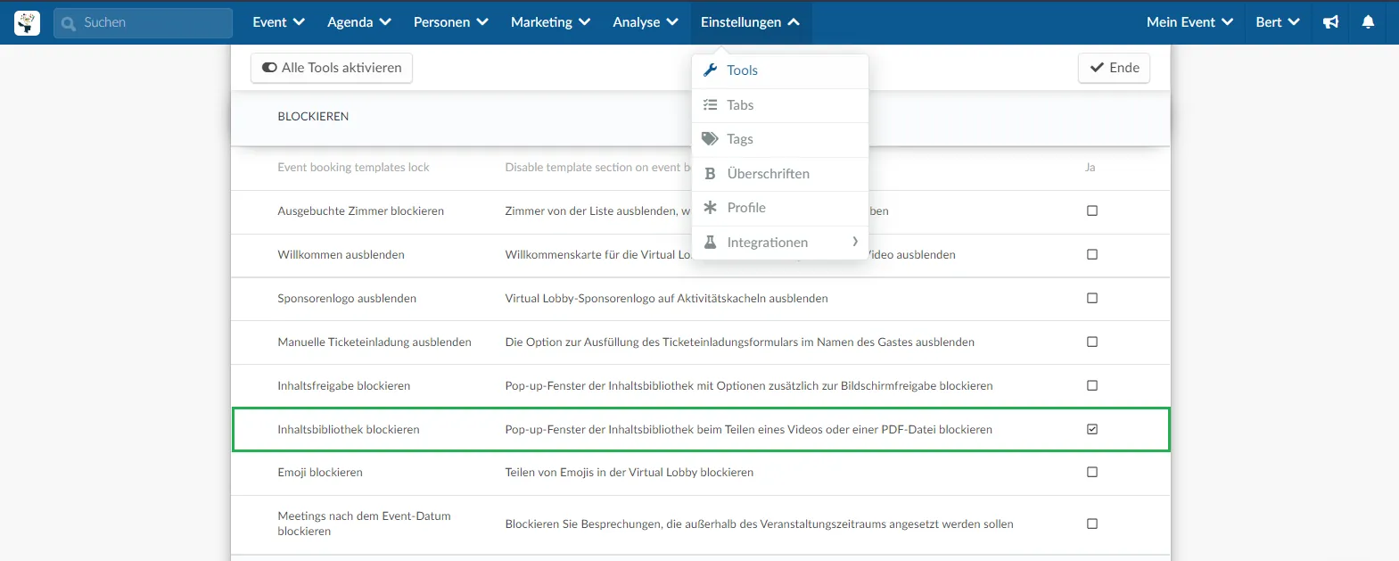 Tools > Inhaltsbibliothek blockieren