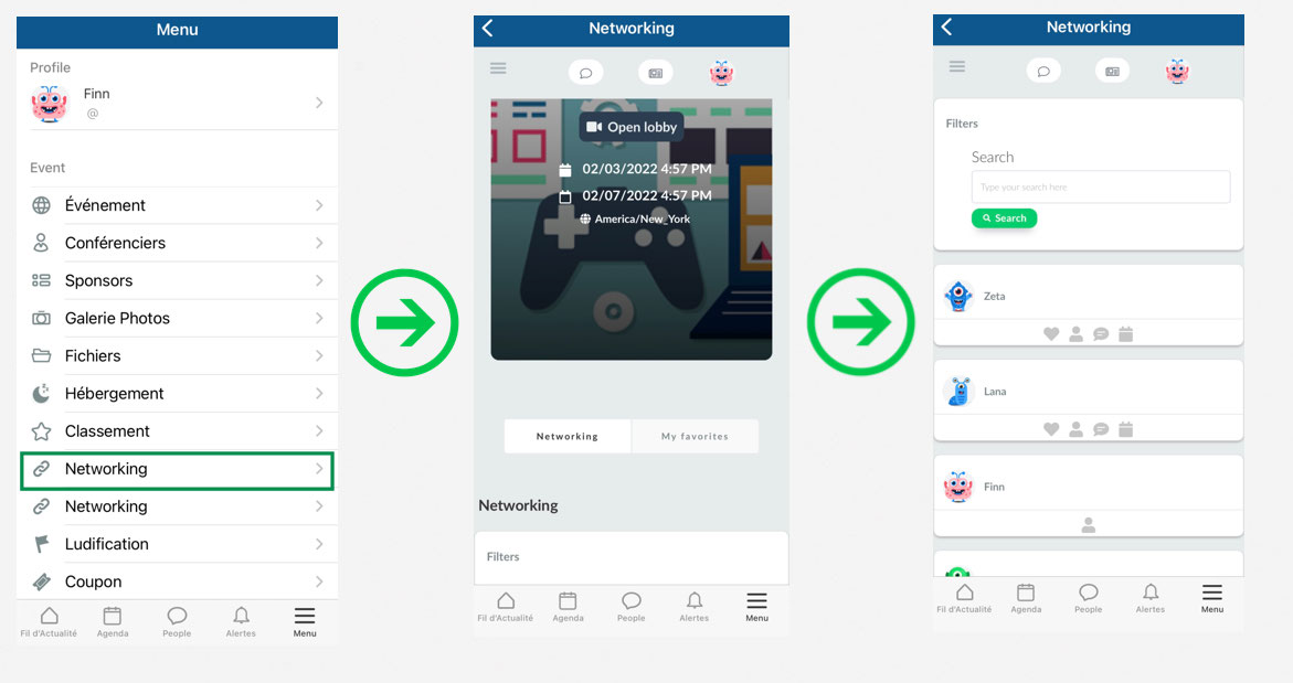 Comment accéder à l'onglet de Networking du Virtual Lobby via l'application mobile