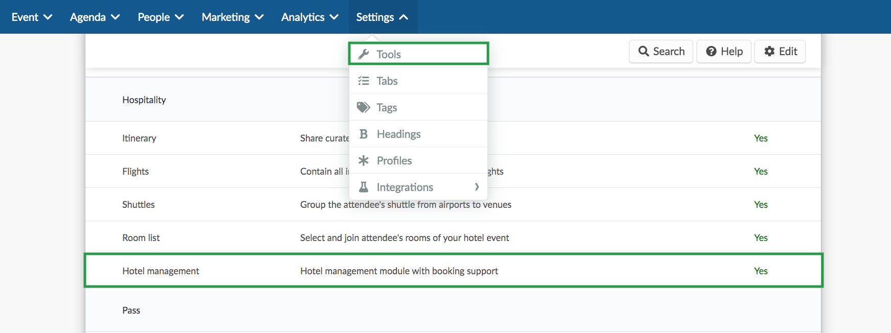 Image showing the Hotel management tool under Hospitality in the Settings > Tools page
