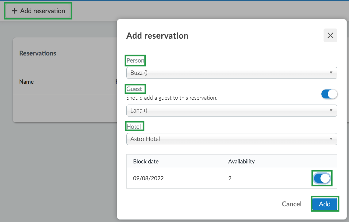 Image showing the Reservations section and its available options