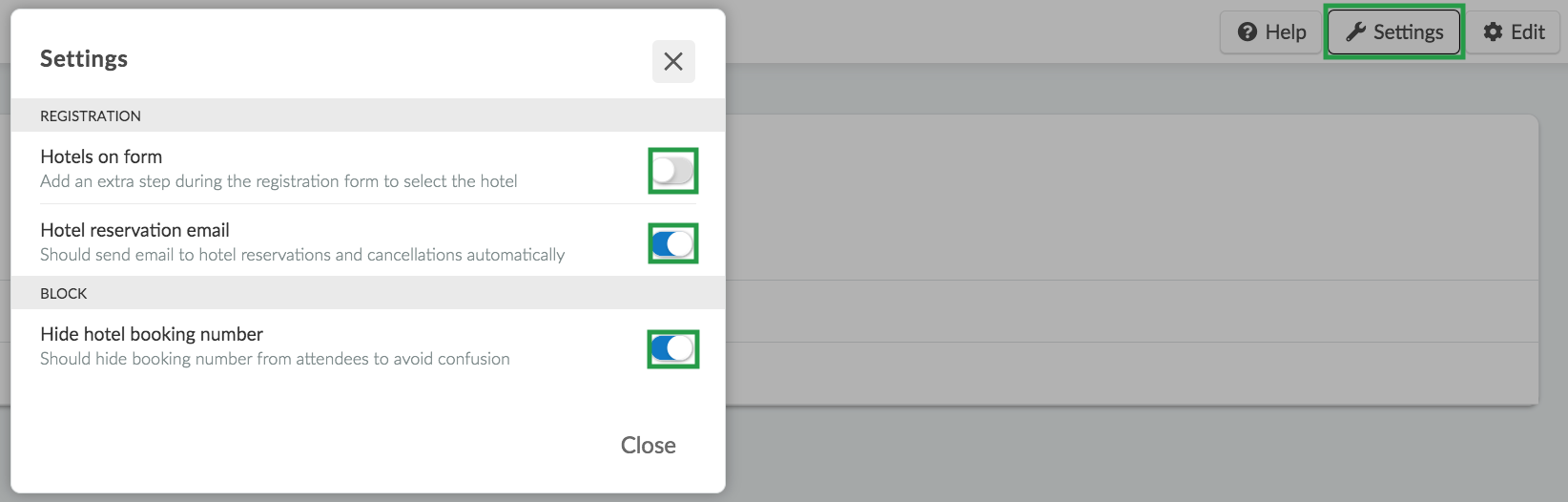 Image showing the Settings button with the relevant Settings on the Hotel management page 