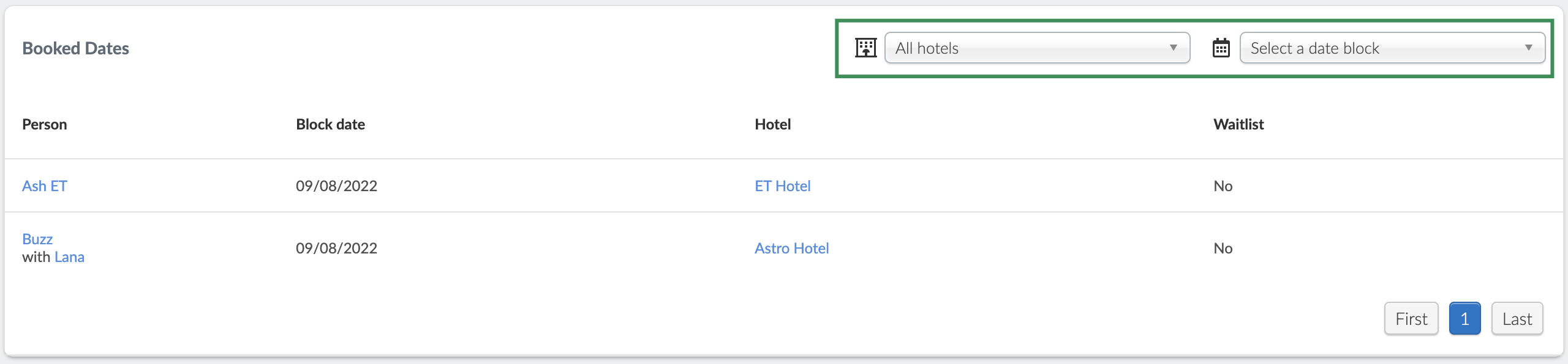 Image showing the two available filters on the booked dates poge