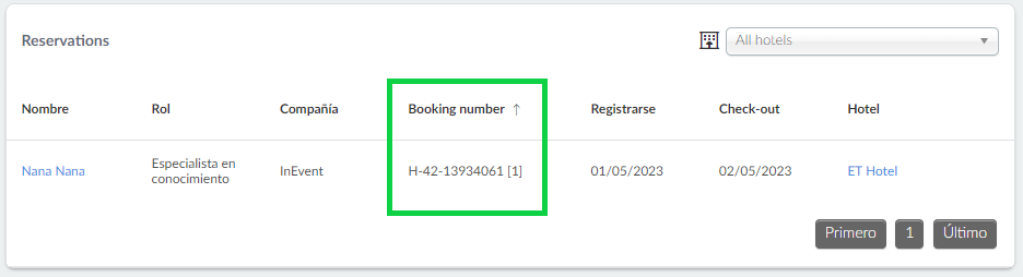 Mostrar número de reserva de hotel en la página Reservas