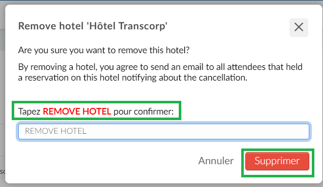 Une fenêtre contextuelle de notification Supprimer l'hôtel