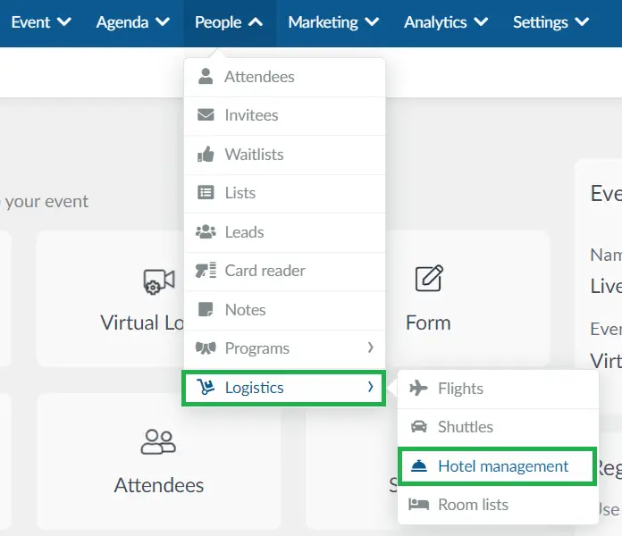 Image showing the Hotel management tool under Logistics in the People Tab