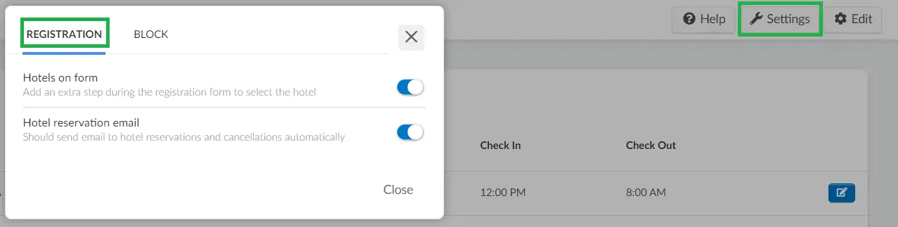 Image showing the Settings button with the relevant Settings on the Hotel management page 