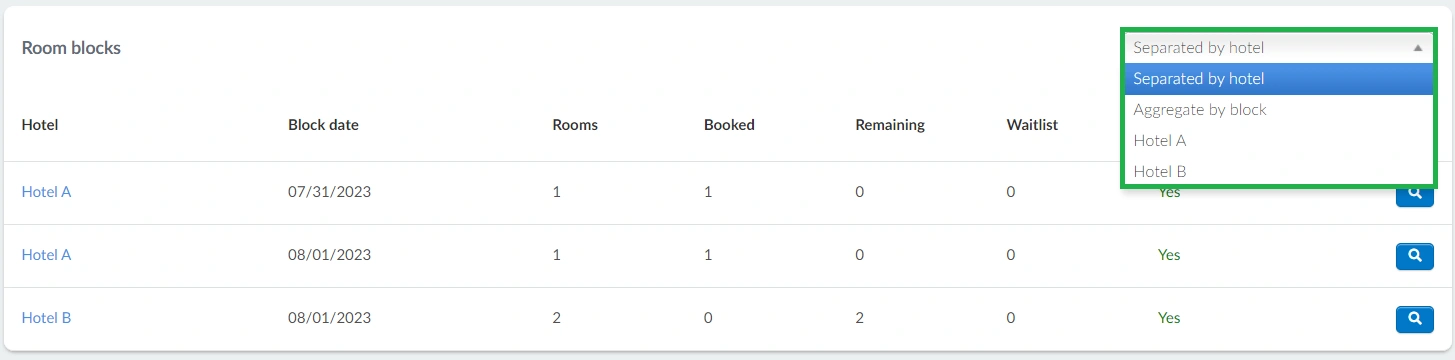 Image showing drop down menu in Room blocks that allows you to separate the blocks in different ways