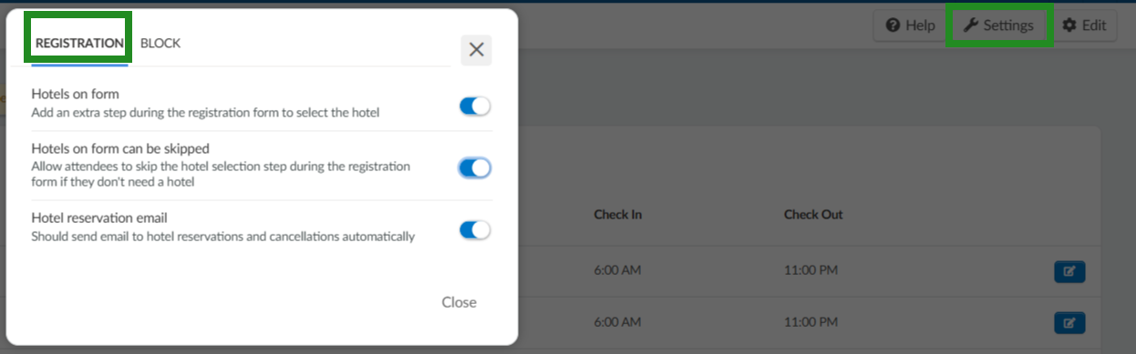 Image showing the Settings button with the relevant Settings on the Hotel management page 