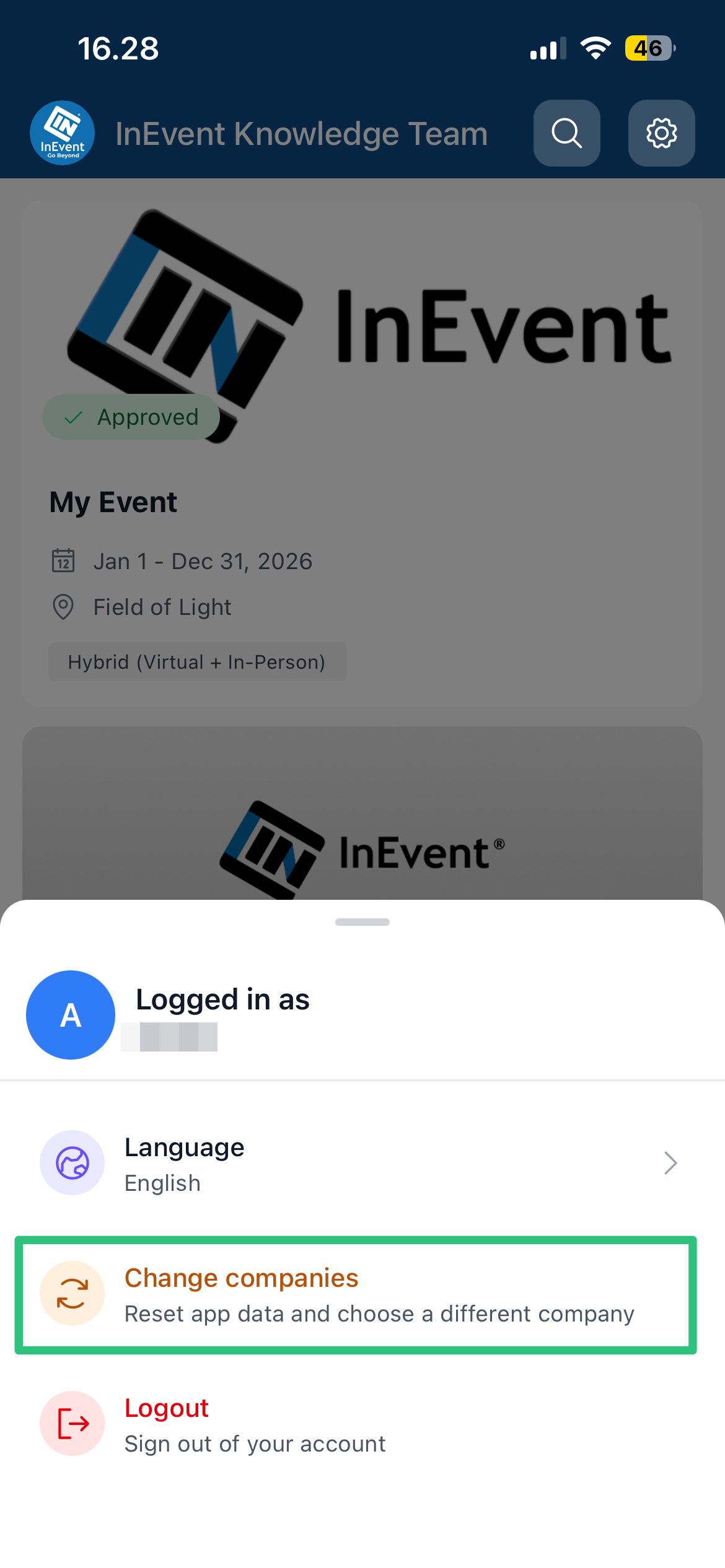 Screenshot showing switching companies in iOS
