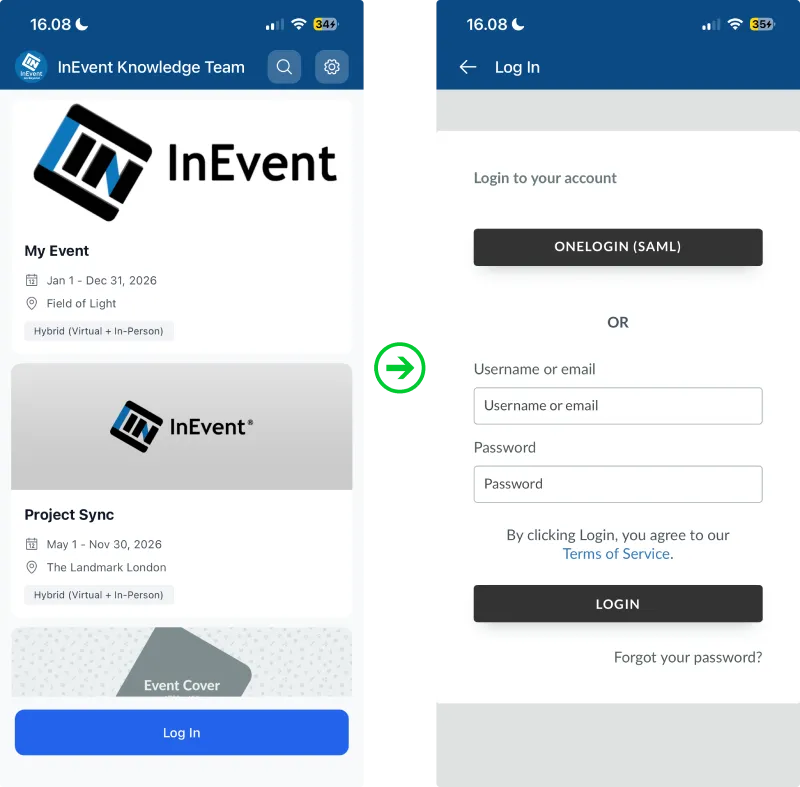 Screenshot showing the event directory & login