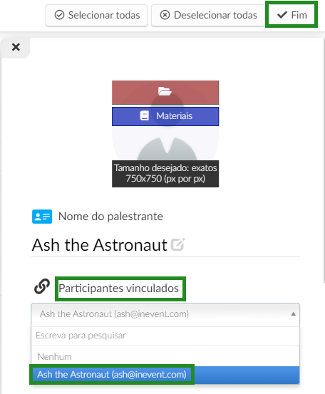 Perfil do palestrante - linkando um participante ao palestrante