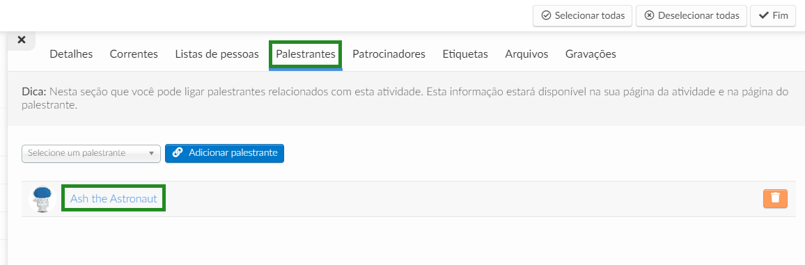 Adicionando um palestrante à atividade