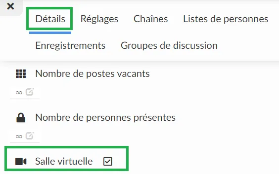 Activez la salle virtuelle dans les détails d'une activité