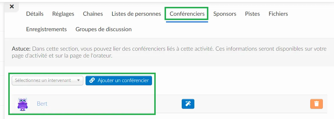 Ajoutez des conférencier à une activité