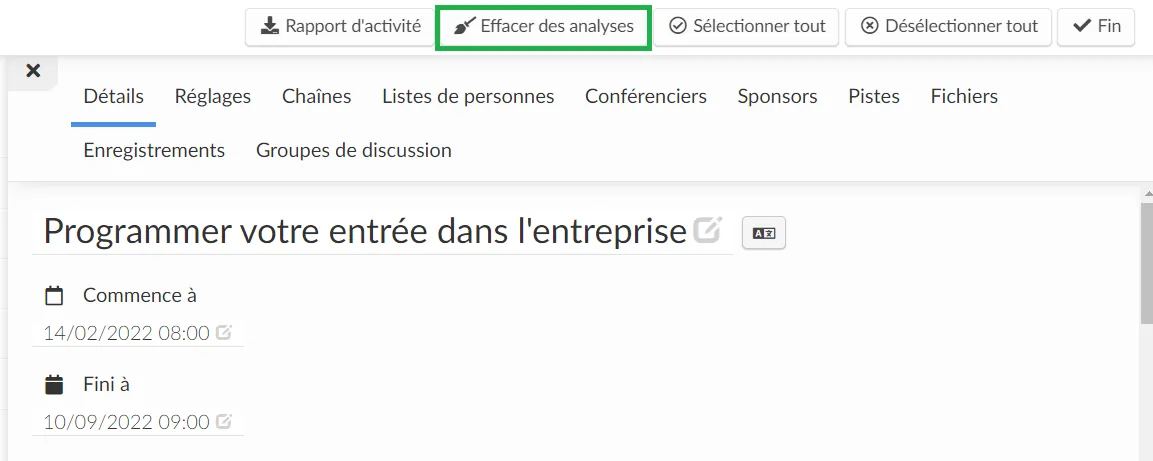 Effacer les analytics d'une activité