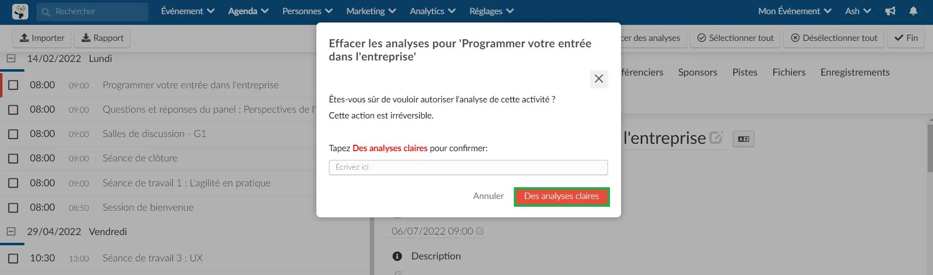 Confirmer l'effacement des analytics d'une activité