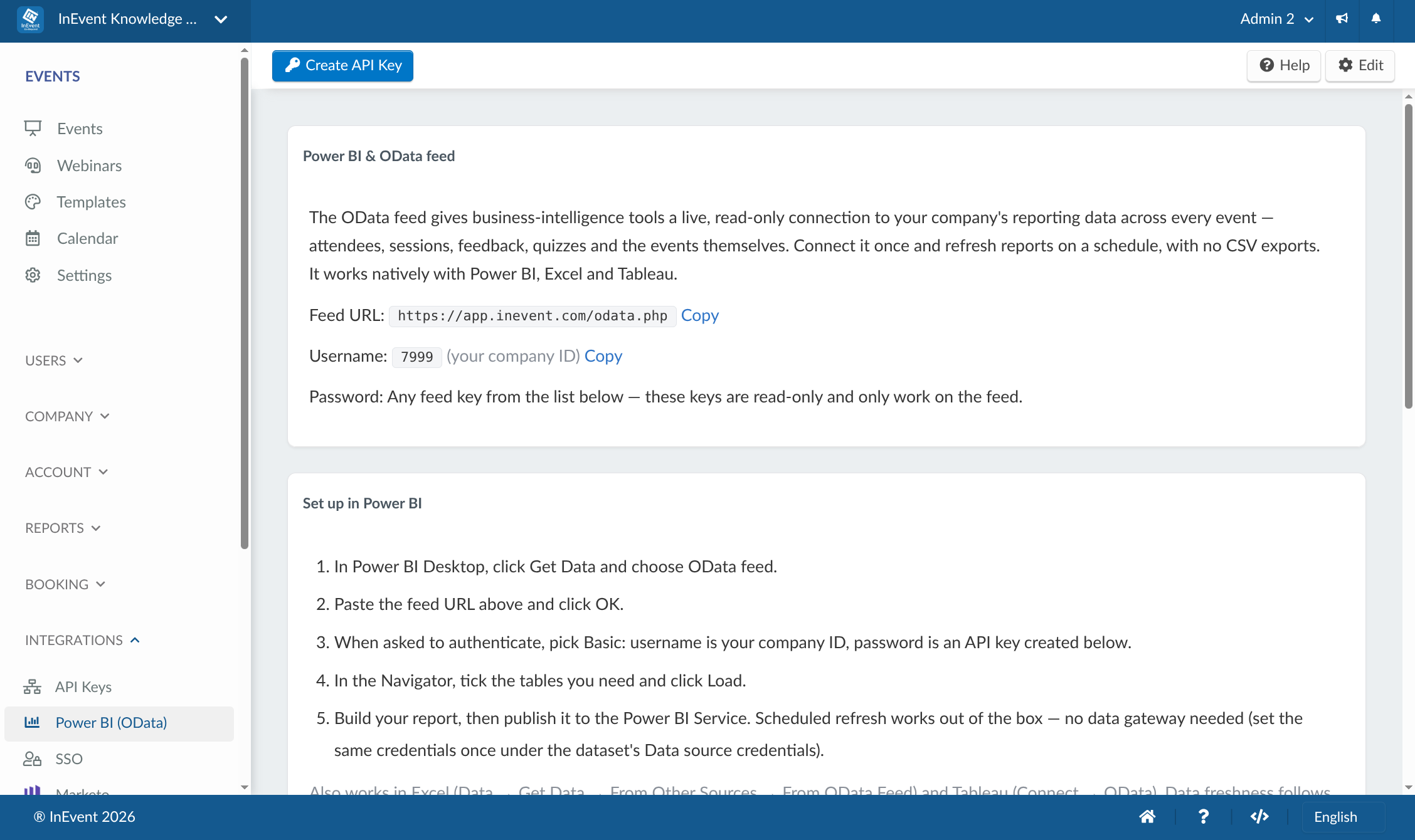 Screenshot showing the Power BI (OData) integration page