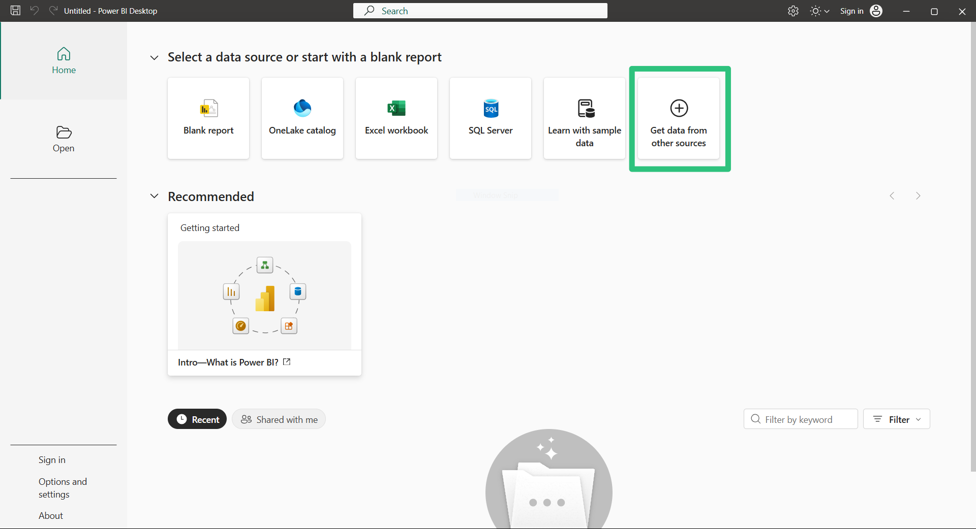 Screenshot showing the Power BI main menu