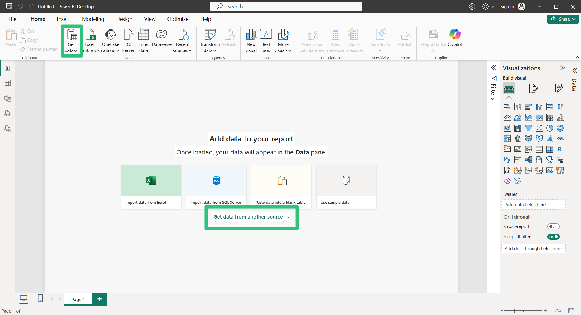 Screenshot showing the Get data buttons