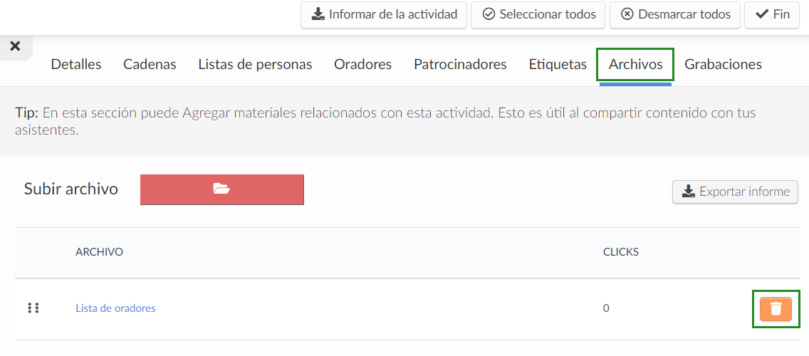 Eliminar archivos de actividades