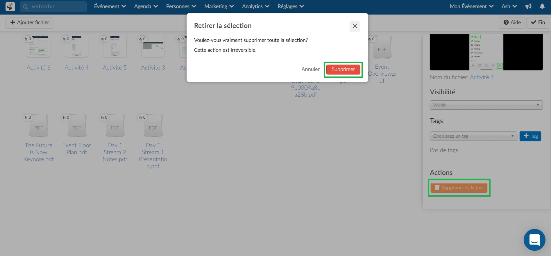 Suppression des fichiers d'événements à partir de l'onglet Fichiers de l'application et de Virtual Lobby