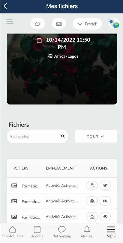 L'onglet Mes Fichiers sur l'application