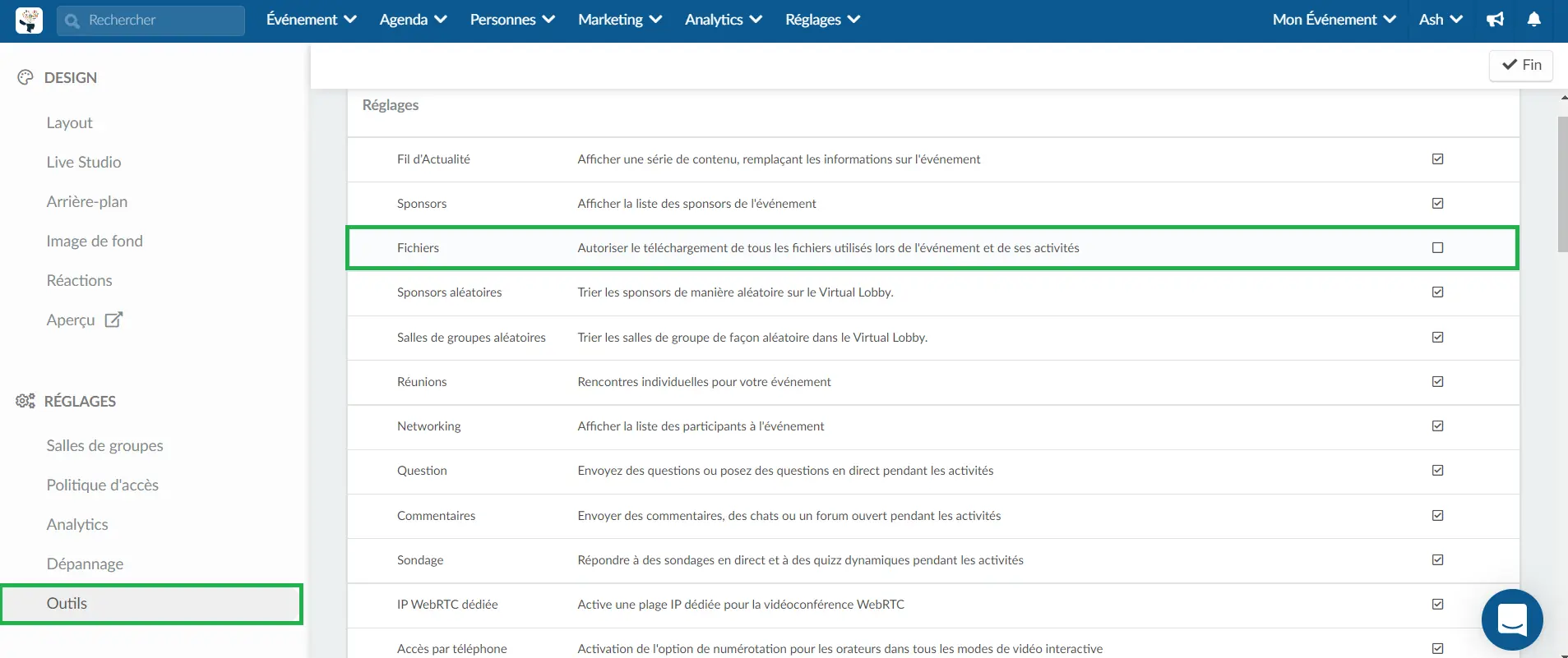 Décocher la case Fichiers dans les outils de l'événement