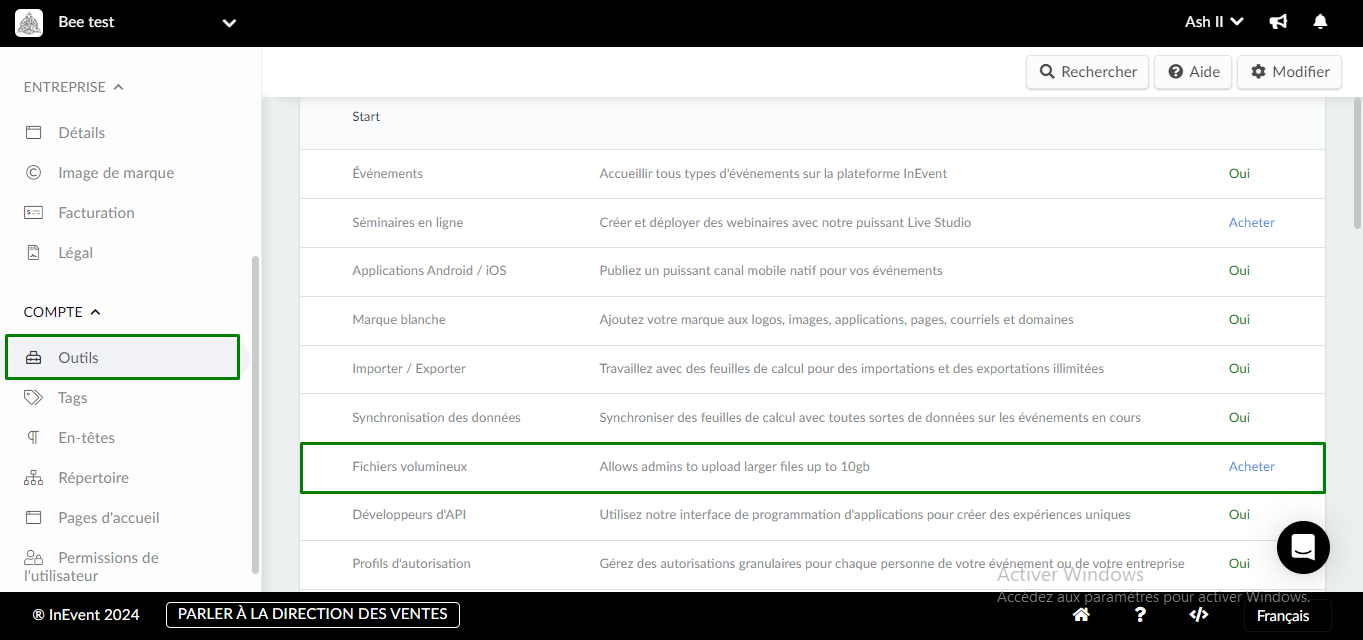  Compte > Outils