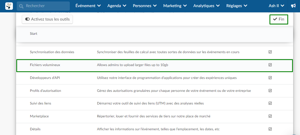 Activer l'outil Fichiers Volumineux dans votre événement