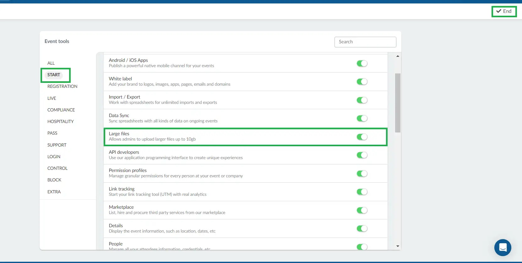 Screenshot showing how to enable the Large files tool.